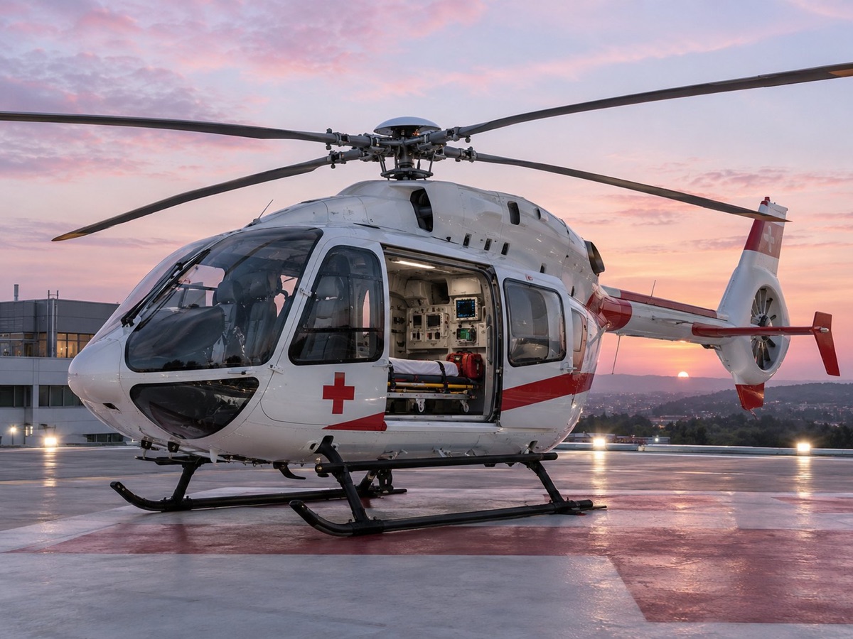 Air ambulance helicopter on a hospital helipad at dawn