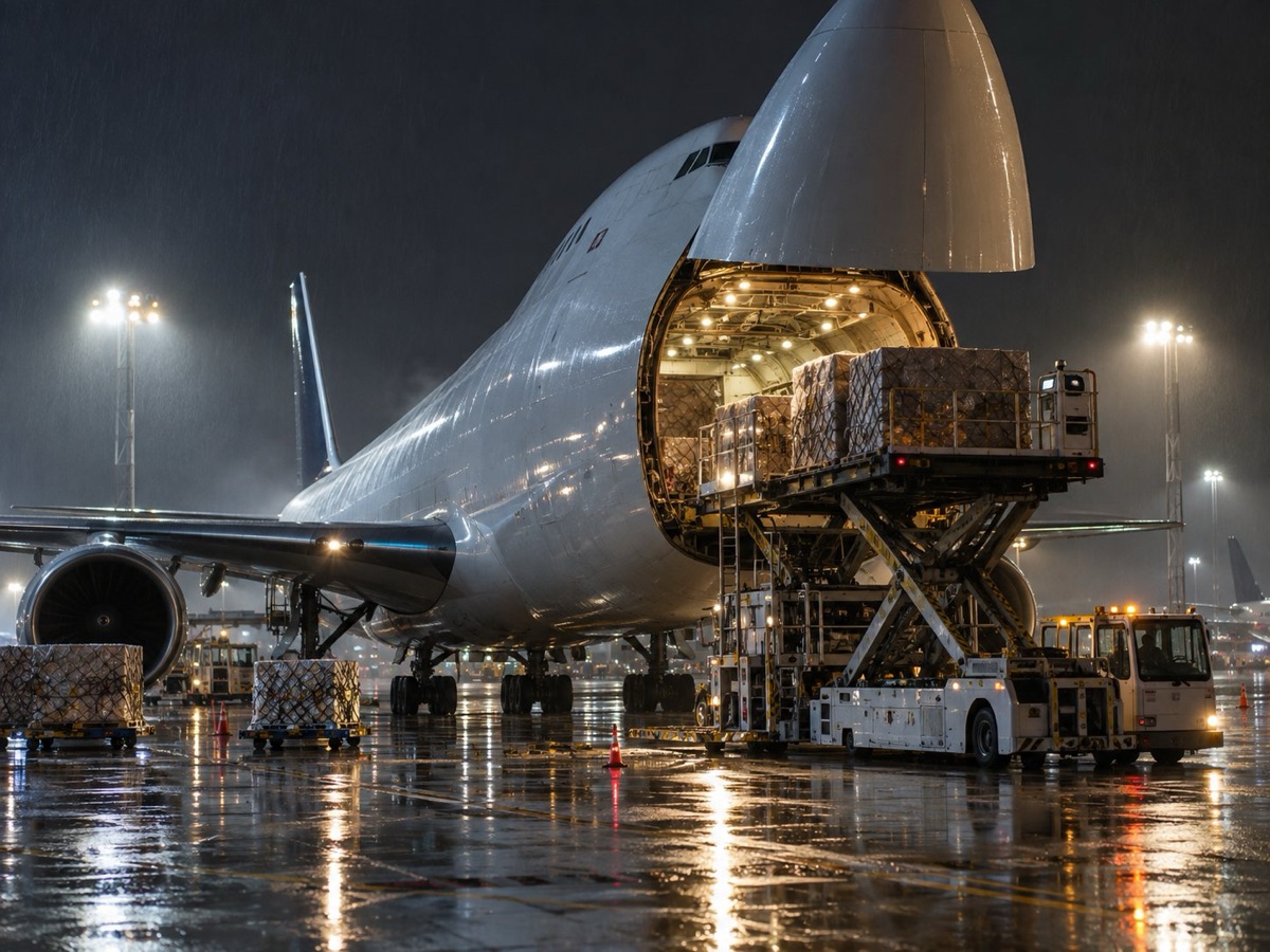 Boeing 747 freighter with nose door open being loaded at night