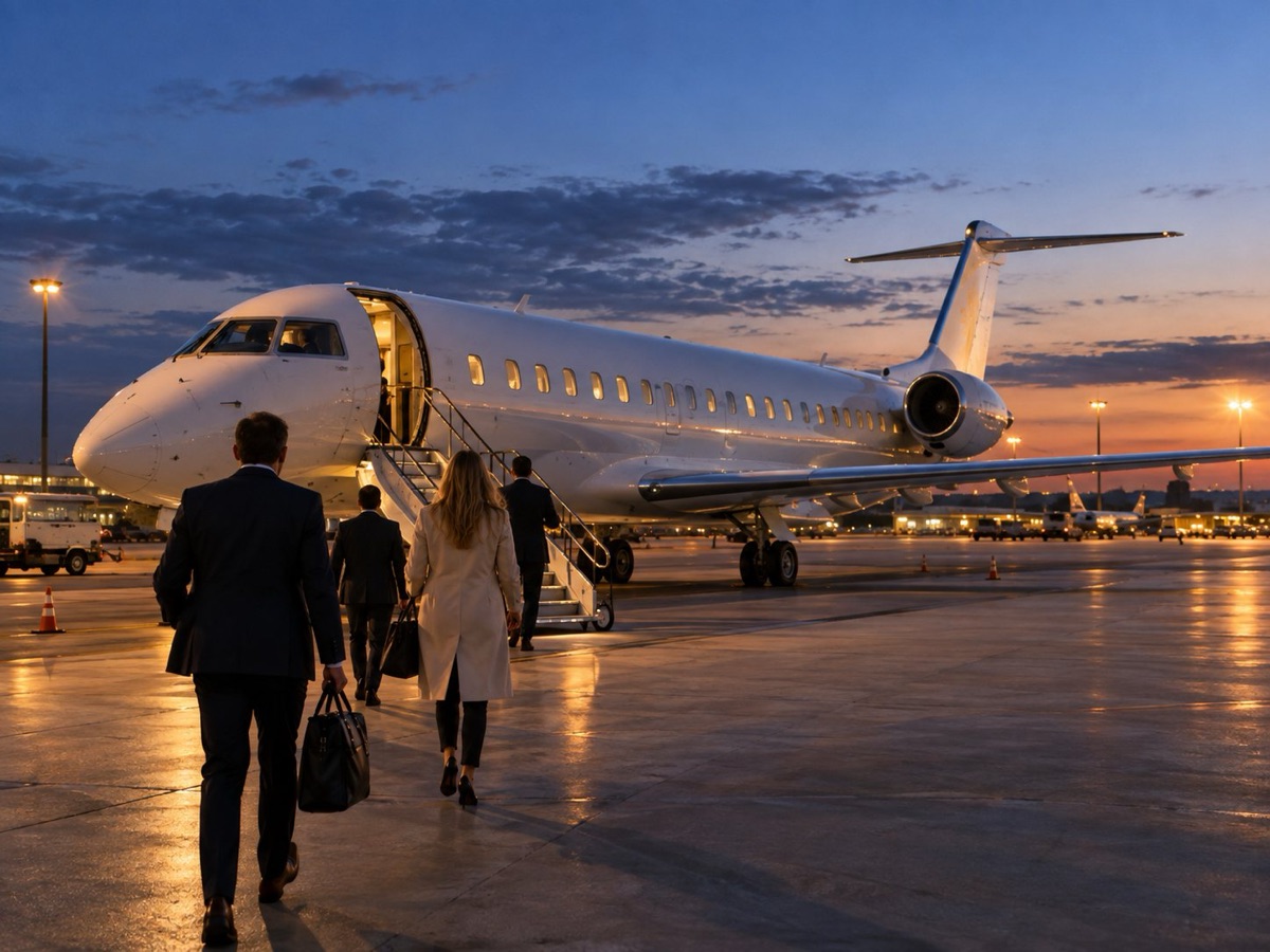 Business travellers boarding a chartered airliner at dusk