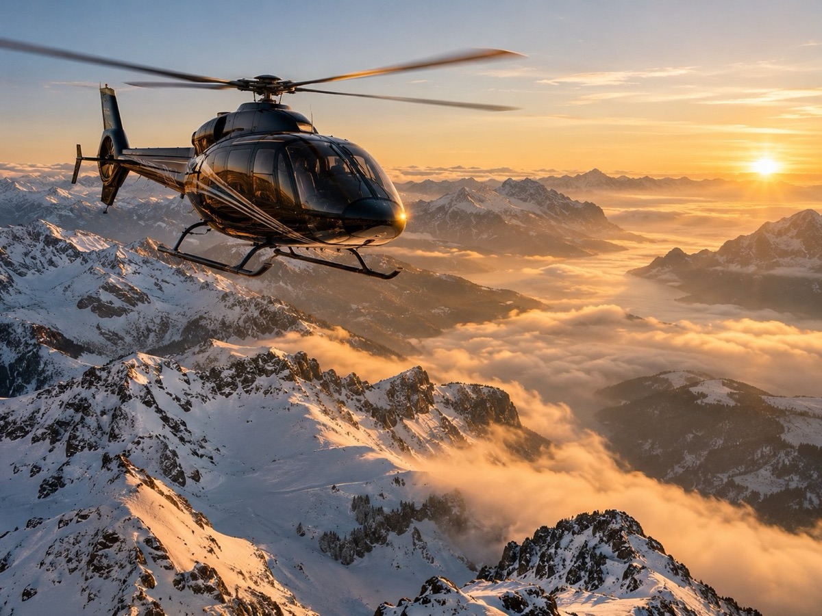Executive helicopter over alpine peaks at sunrise