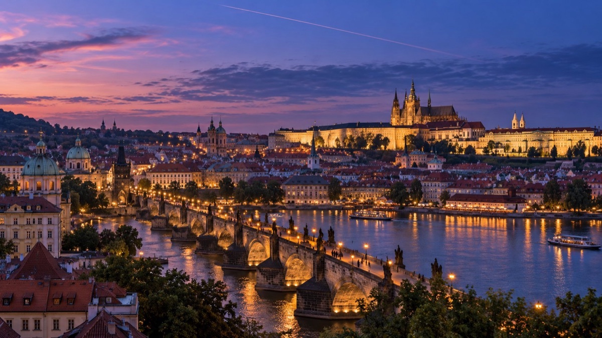 Prague skyline at blue hour with a jet contrail
