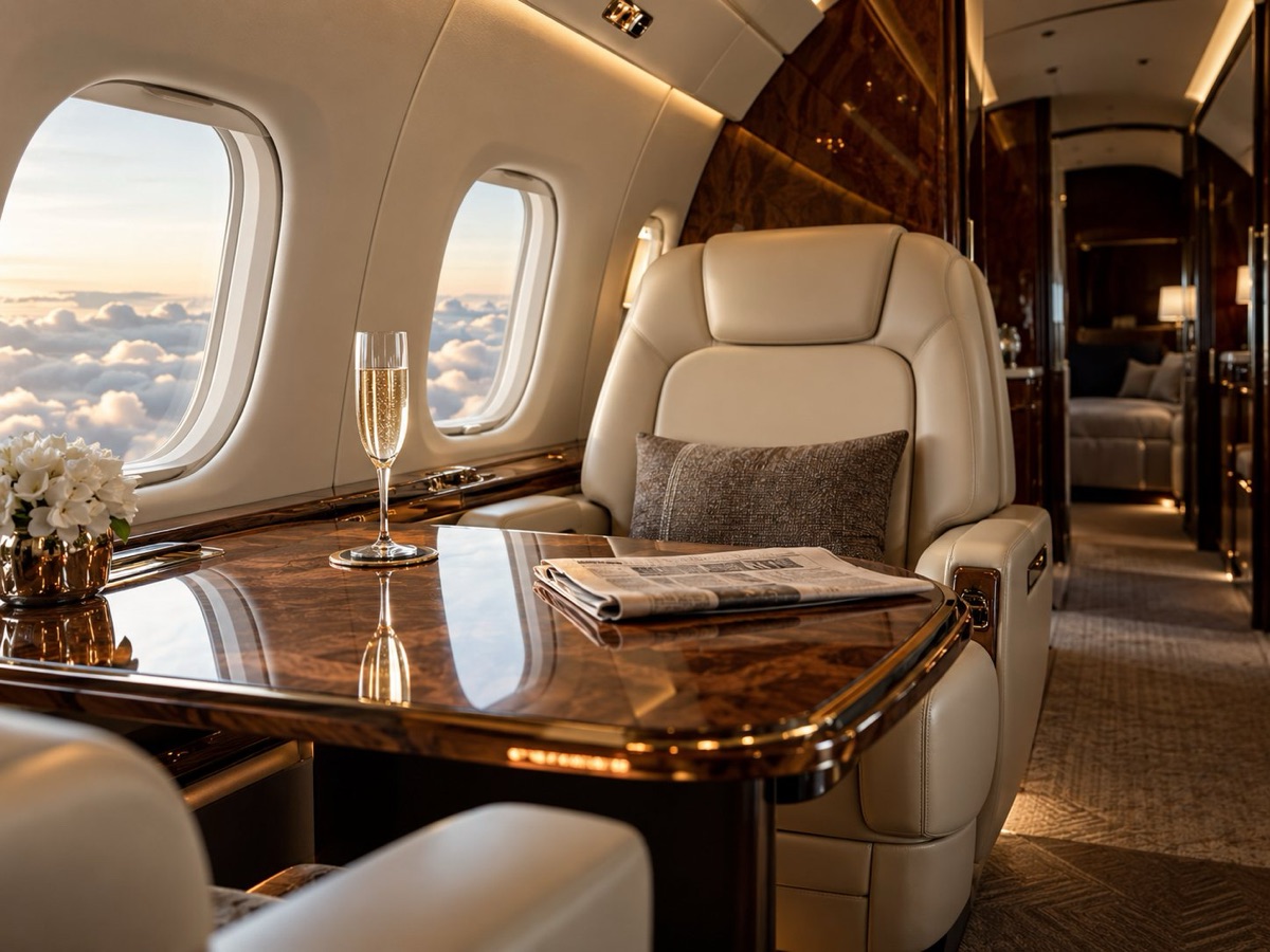 Private jet cabin with leather seats and champagne